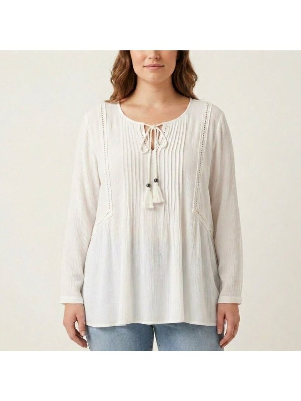 Pale Sky Size XL White Long Sleeve Tassel Tie Neck Pleated Boho Peasant Blouse